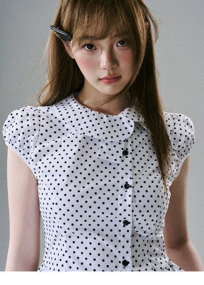 LOST FOREST - White & Black Polka Dot Asymmetrical Cotton Blouse