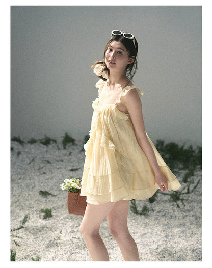 “Tenderly Entwined” Soft Butter Yellow Ruffle Babydoll Dress 4563543