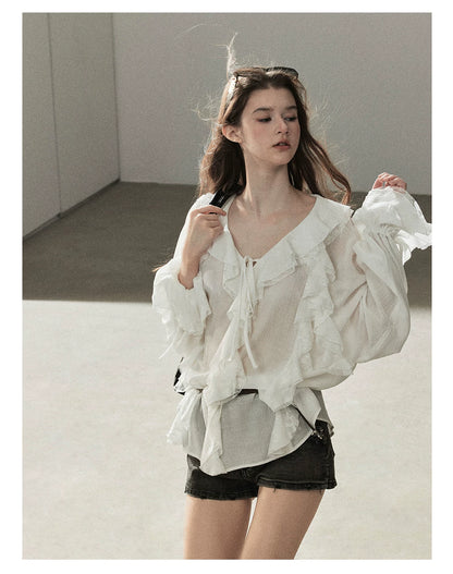 AOMALM - "A Featherlight Touch" French Camellia White Lace Chiffon Top with Belt (Camellia / Oatmeal / Cinnamon Pink)