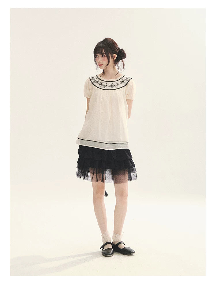 "Toasted Cookie" Yellow Flower Rope Embroidery Babydoll Top