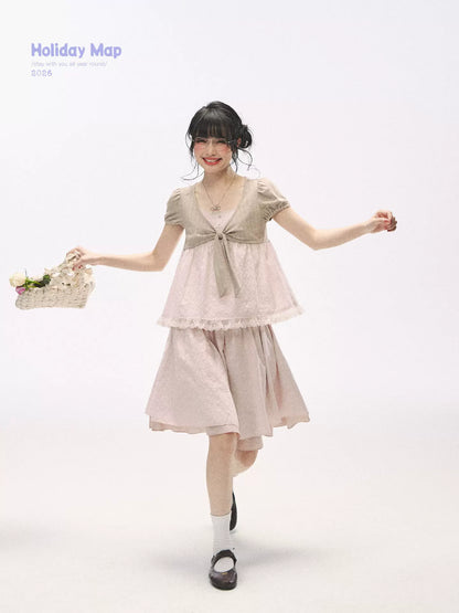 "Sweetheart Pages" Blush Pink Bow Puff Sleeve Top & A-Line Skirt Set