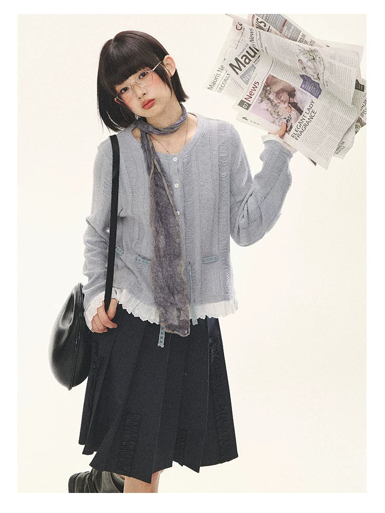"Wisteria Whisper" Open-Knit Lace Tie Cardigan (Wisteria/ Ivory)