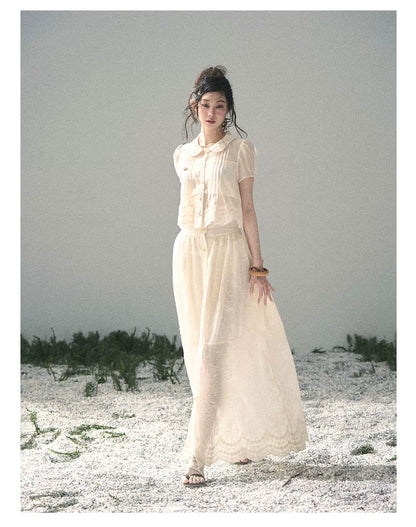 "Apricot Blossom After Rain" Dutch Cheese Lace Blouse & Maxi Skirt Set 532453