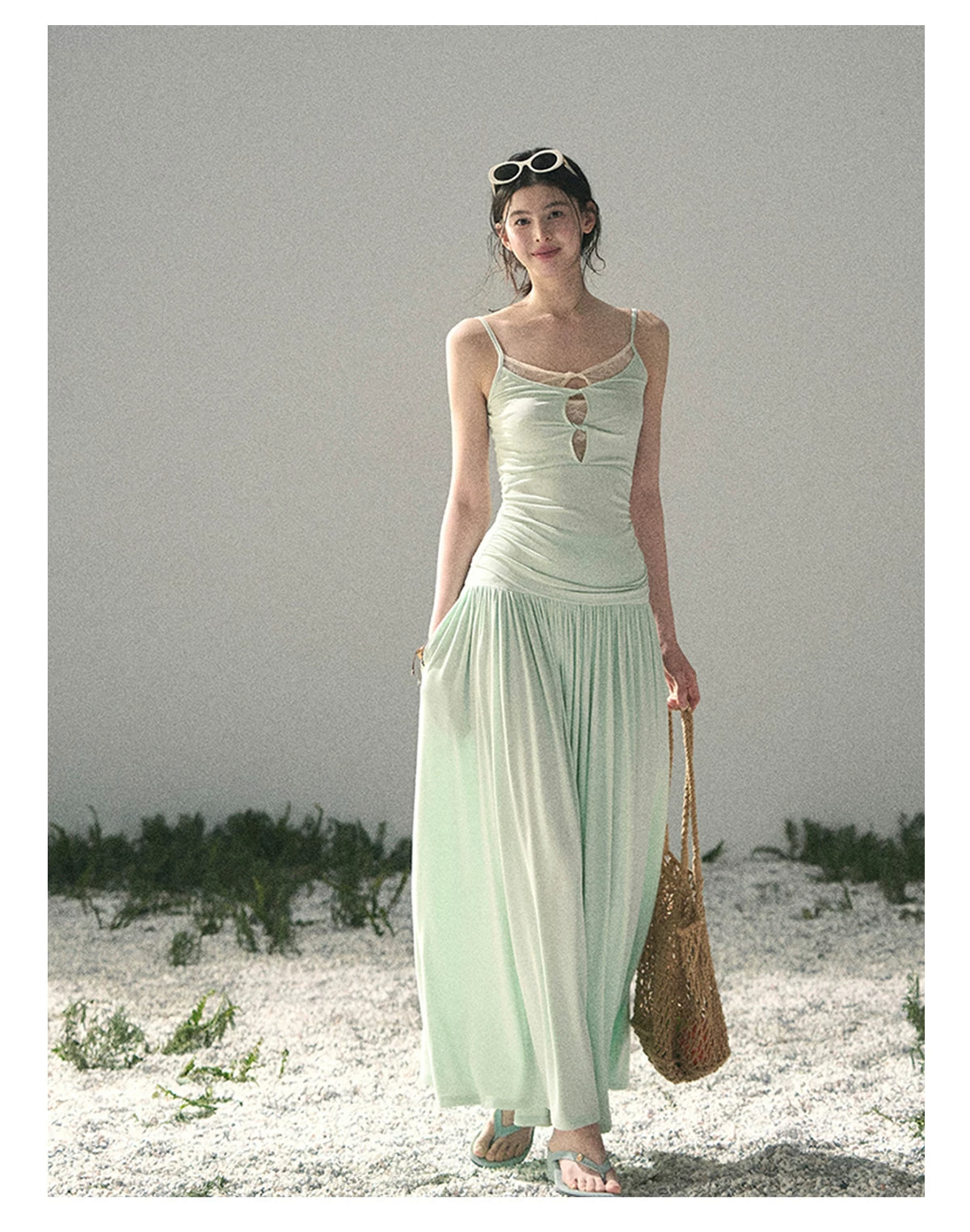 “Mint Afterglow” Jade Green Twist Cutout Top & Maxi Skirt