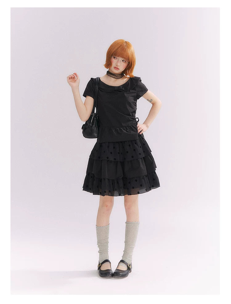 “Midnight Sweetheart” Black Korean-Style Bow Polka Dot Tiered Dress