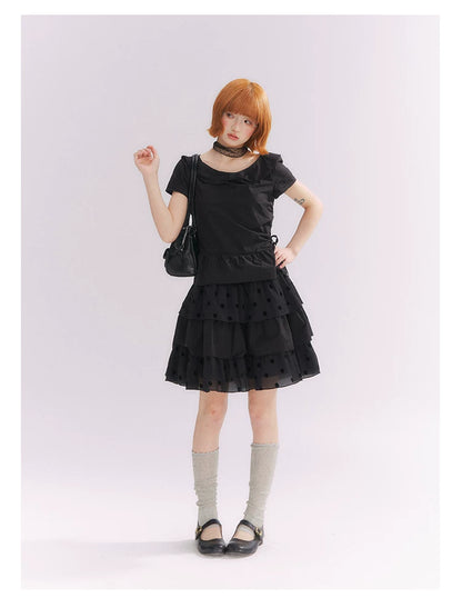 “Midnight Sweetheart” Black Korean-Style Bow Polka Dot Tiered Dress