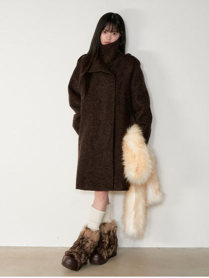 Soote Season - Deep Roast Brown Korean-Inspired Lady Collar Bouclé Long Wool Coat