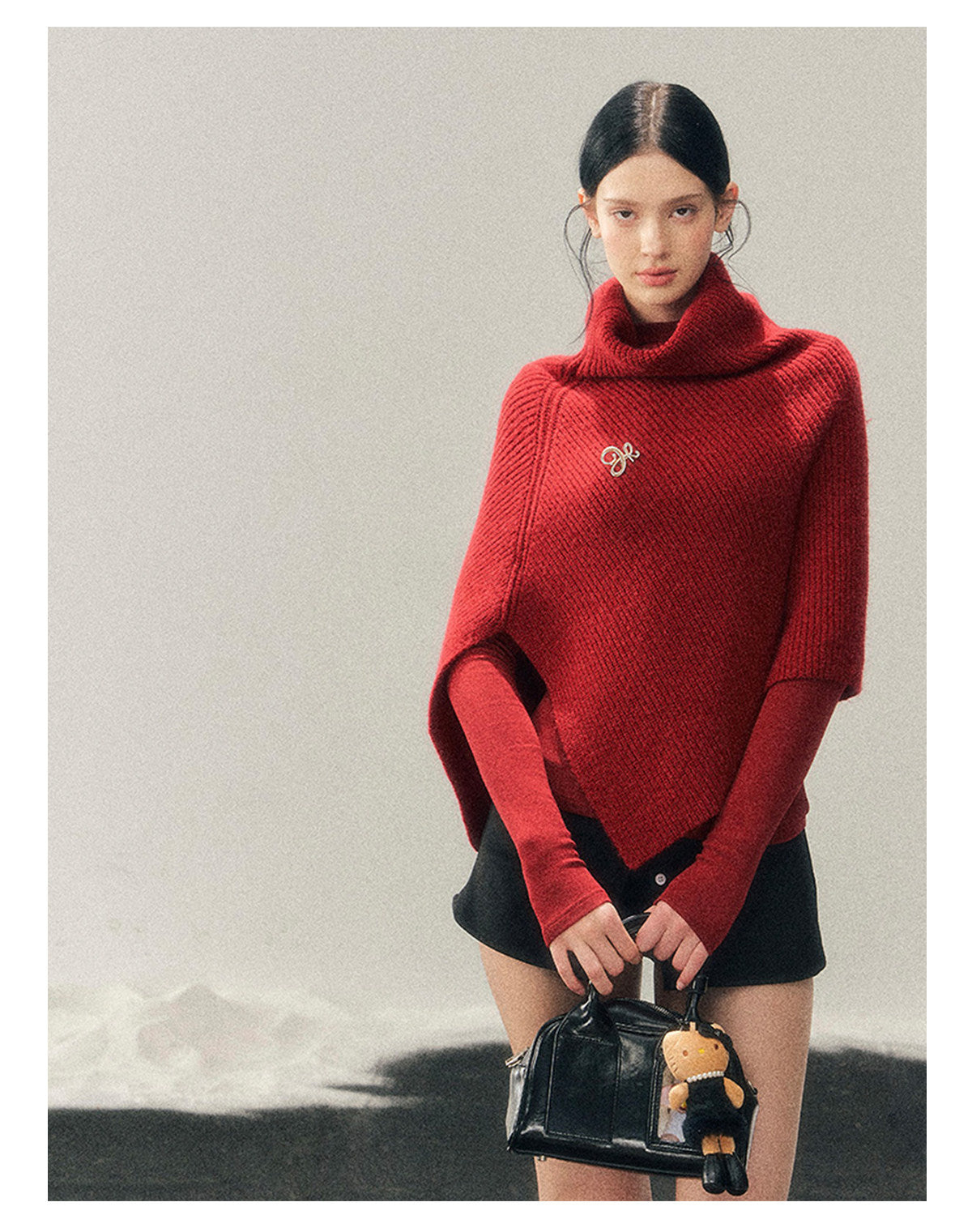 181225 "Late Autumn Ginkgo" Burgundy High-Neck Knit Cape Set