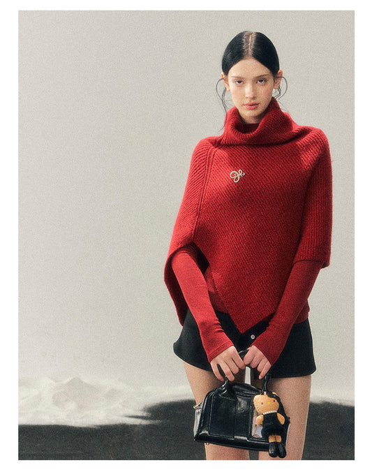 181225 "Late Autumn Ginkgo" Burgundy High-Neck Knit Cape Set