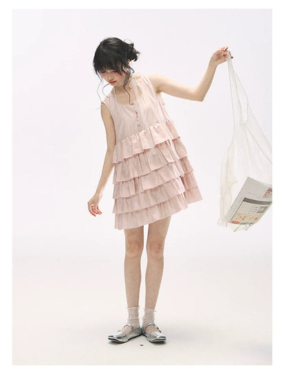 "Misty Pink Reverie" Petal Pink Lace Tie Tiered Sleeveless Dress