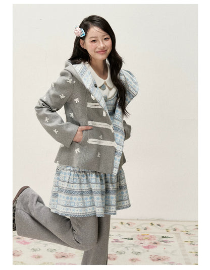 [RF] Heather Gray Vintage Jacquard Hooded Jacket with Frost Mist Blue Details