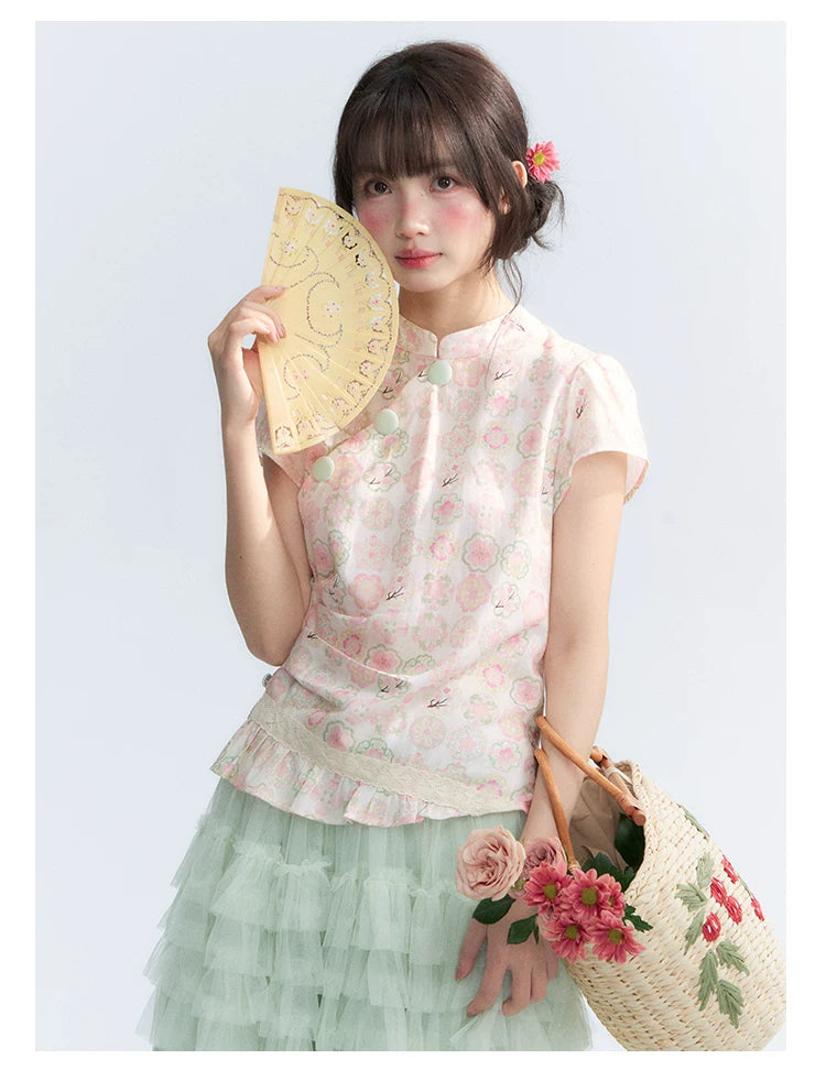 "Lime Mille-Feuille Glow" Peach Mist Chinese-Inspired Short Sleeve Top & Lime Green Tulle Tiered Skirt Set