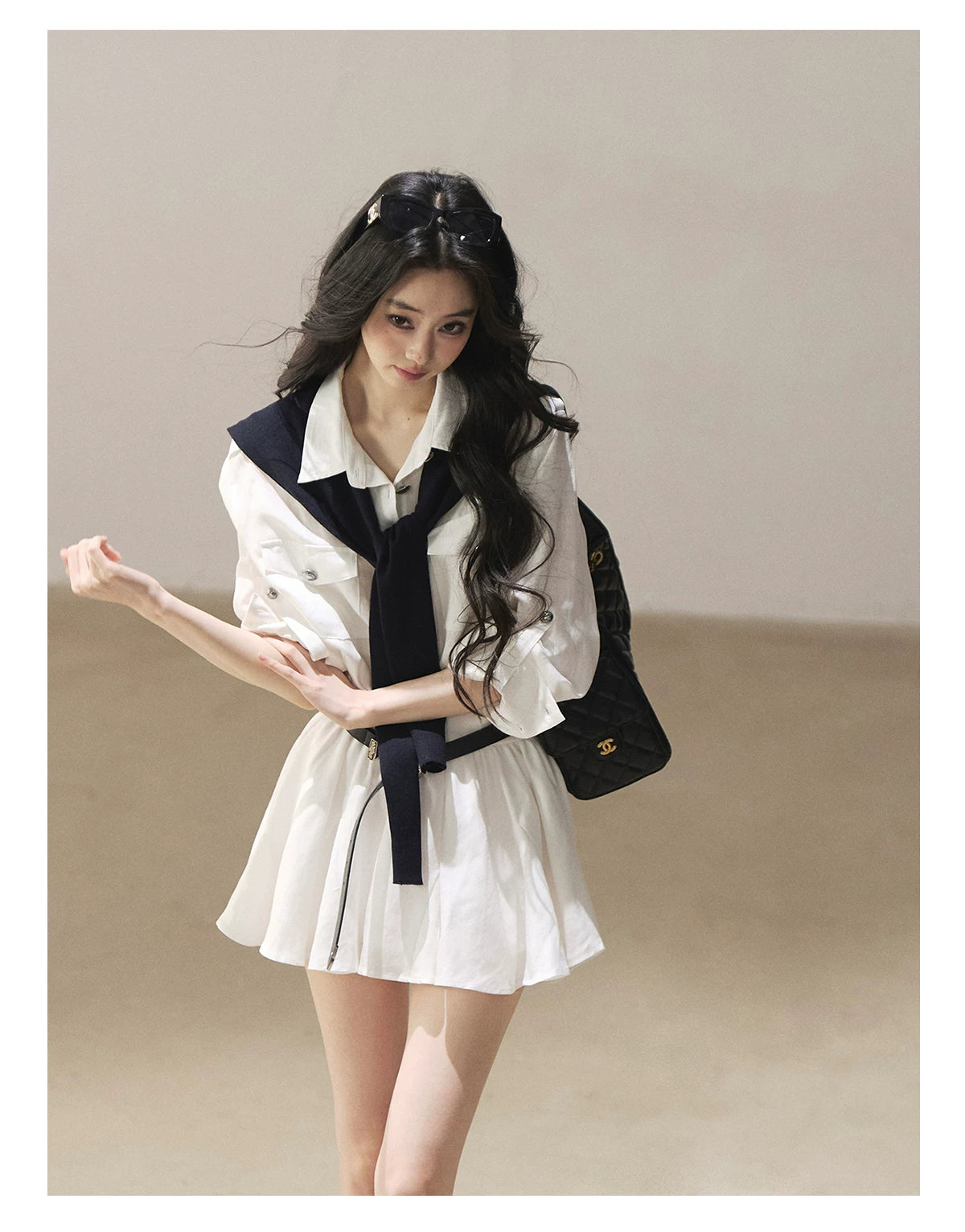 AOMALM - "Moonlight Sinks into the Sea" High-Intellect Utility Shirt Dress (Plain White / Navy Blue, with Belt & Optional Shawl)