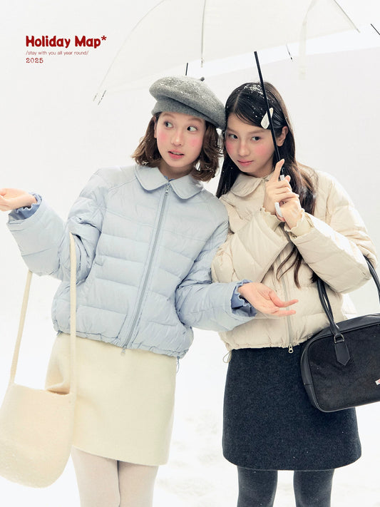 "Lily of the Valley Keepsake" Cropped Down Puffer Jacket (Pearl Beige/ Cloud Blue)