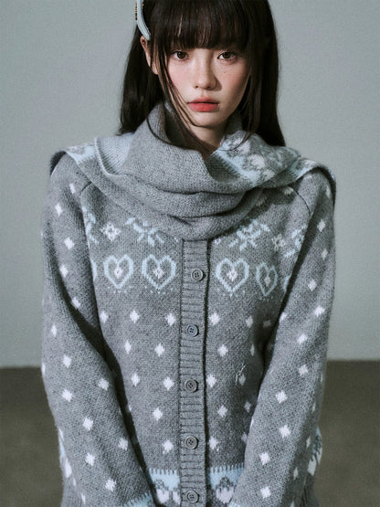 LOST FOREST - Gray Blue Fair Isle Wool-Blend Cardigan & Scarf Set