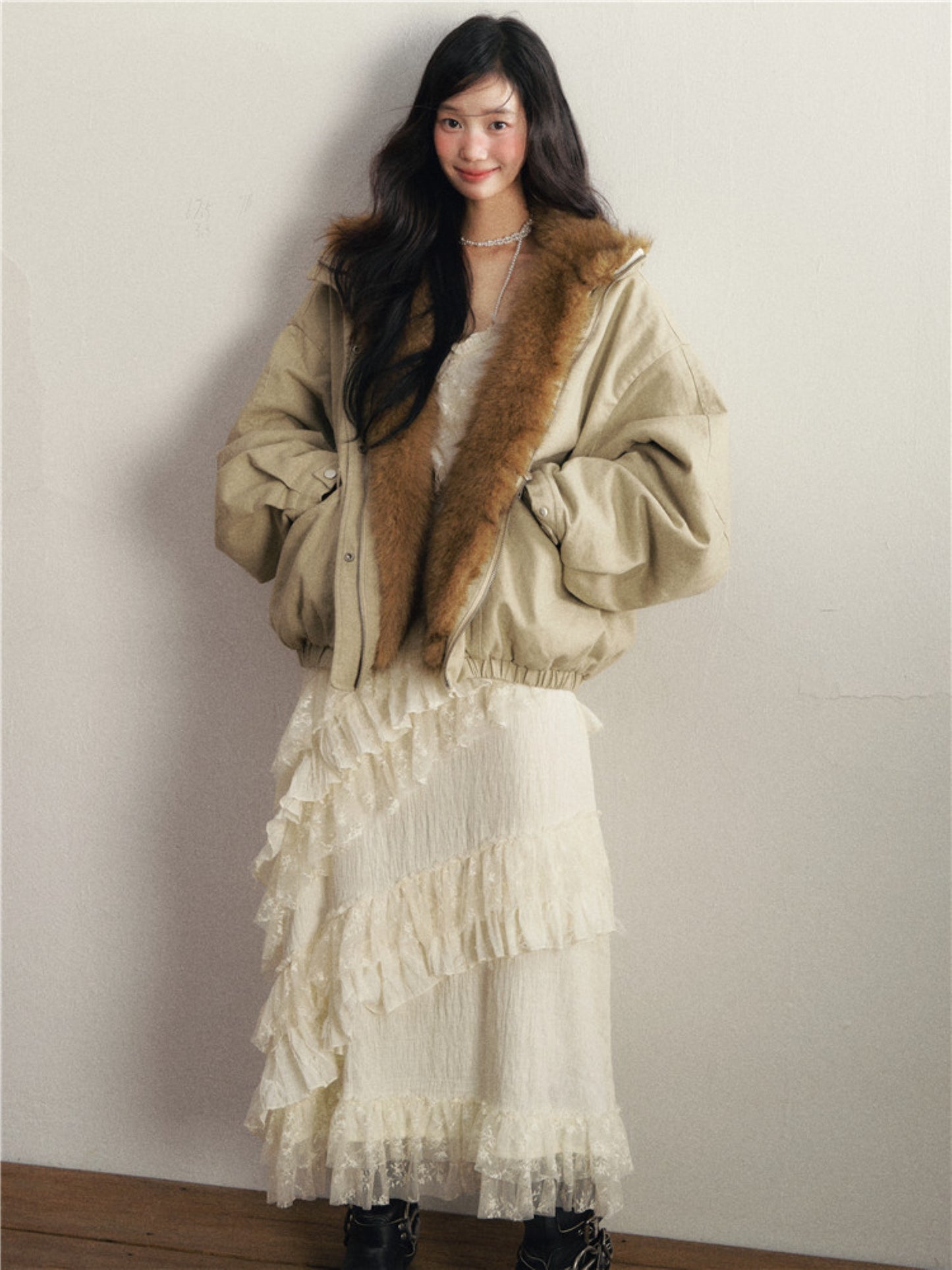 1P - Mint Green Detachable Faux Fur Cotton Padded Jacket