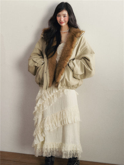 1P - Mint Green Detachable Faux Fur Cotton Padded Jacket