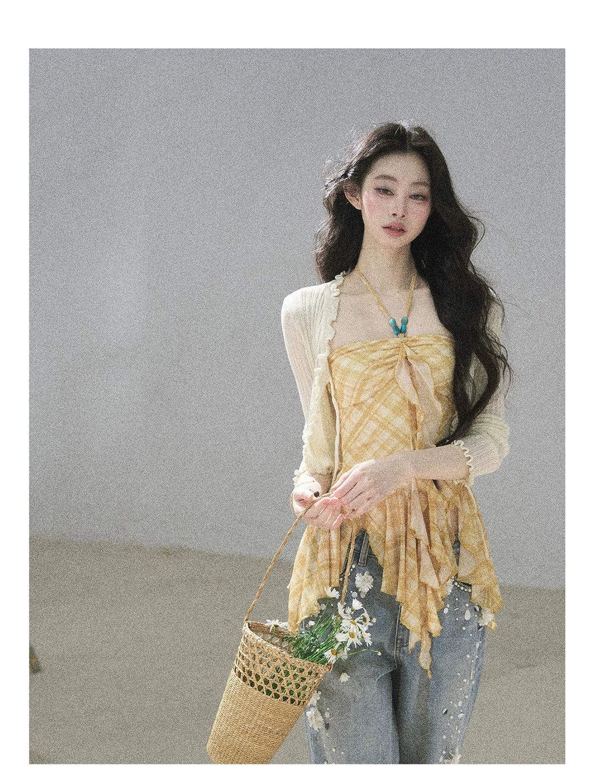 "Fields of Provence" Goose Yellow Halter Plaid Waist-Cinched Top