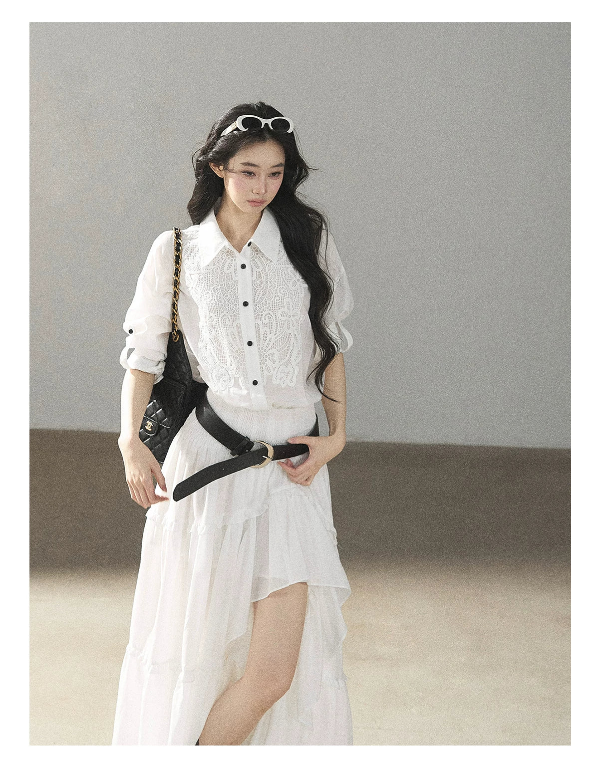 AOMALM - “Her Hemline” White Lace Shirt Dress with Belt