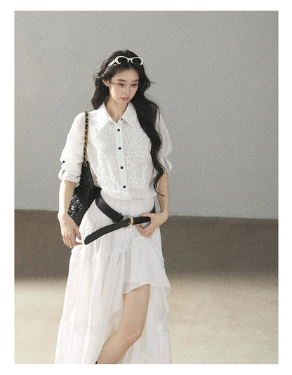 AOMALM - “Her Hemline” White Lace Shirt Dress with Belt