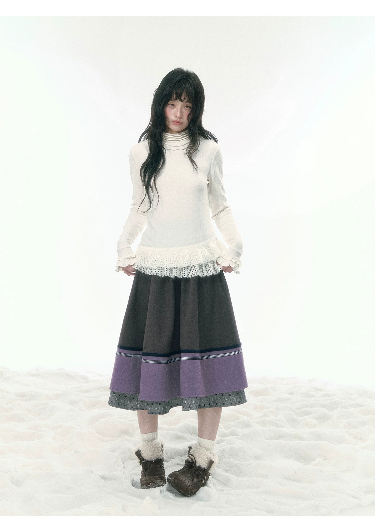 JOVYLLE - Cream Ivory Lace-Trim Turtleneck Top