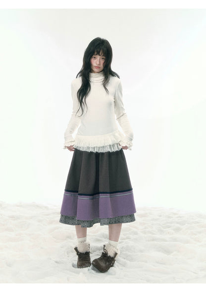JOVYLLE - Cream Ivory Lace-Trim Turtleneck Top