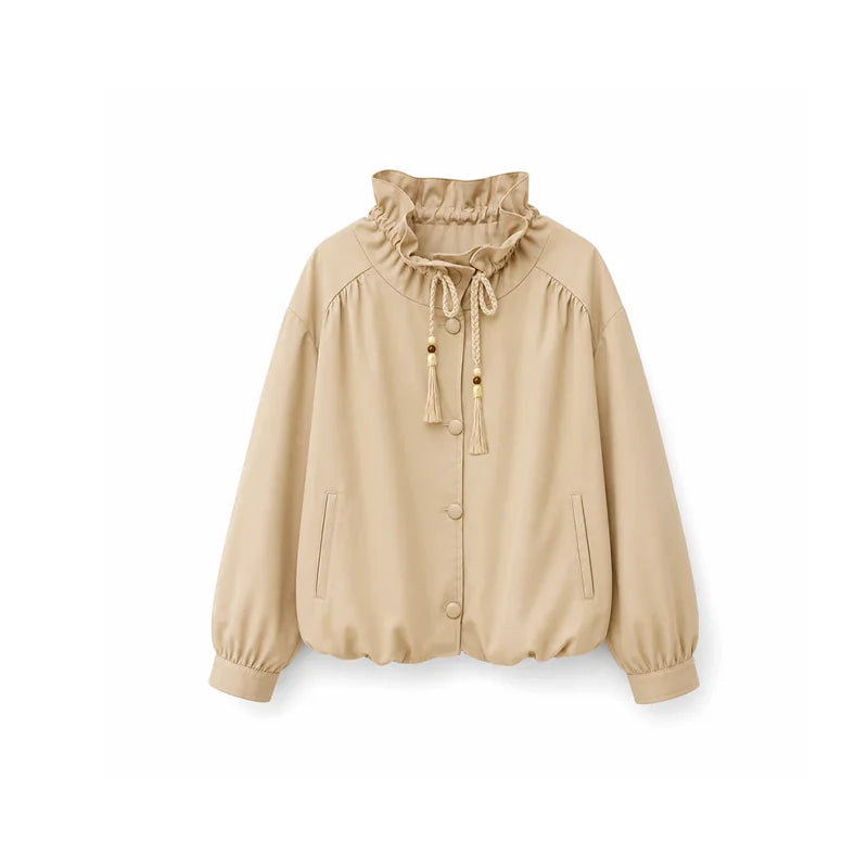 DAILY ARTIST - Champagne Ruffle Stand-Collar Drawstring Jacket