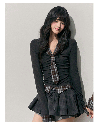 少也眼 “Faded Moss Traces” Vintage Plaid Layered-Effect Knit Top 5435435