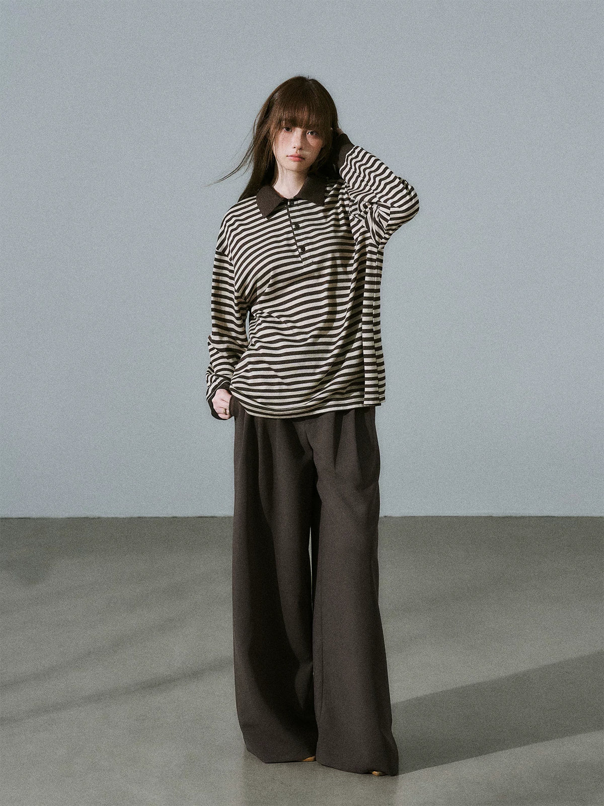 LOST FOREST - Brown Striped Polo Knit Top