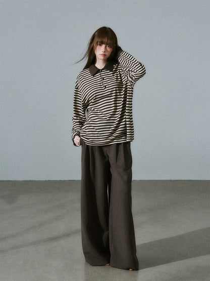 LOST FOREST - Brown Striped Polo Knit Top