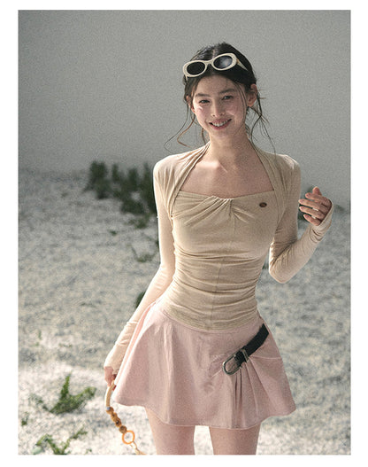 “Soft Evening Breeze” Milk Tea Layered Halter Top