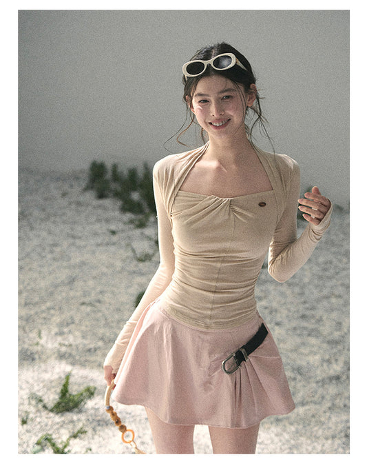 “Soft Evening Breeze” Milk Tea Layered Halter Top