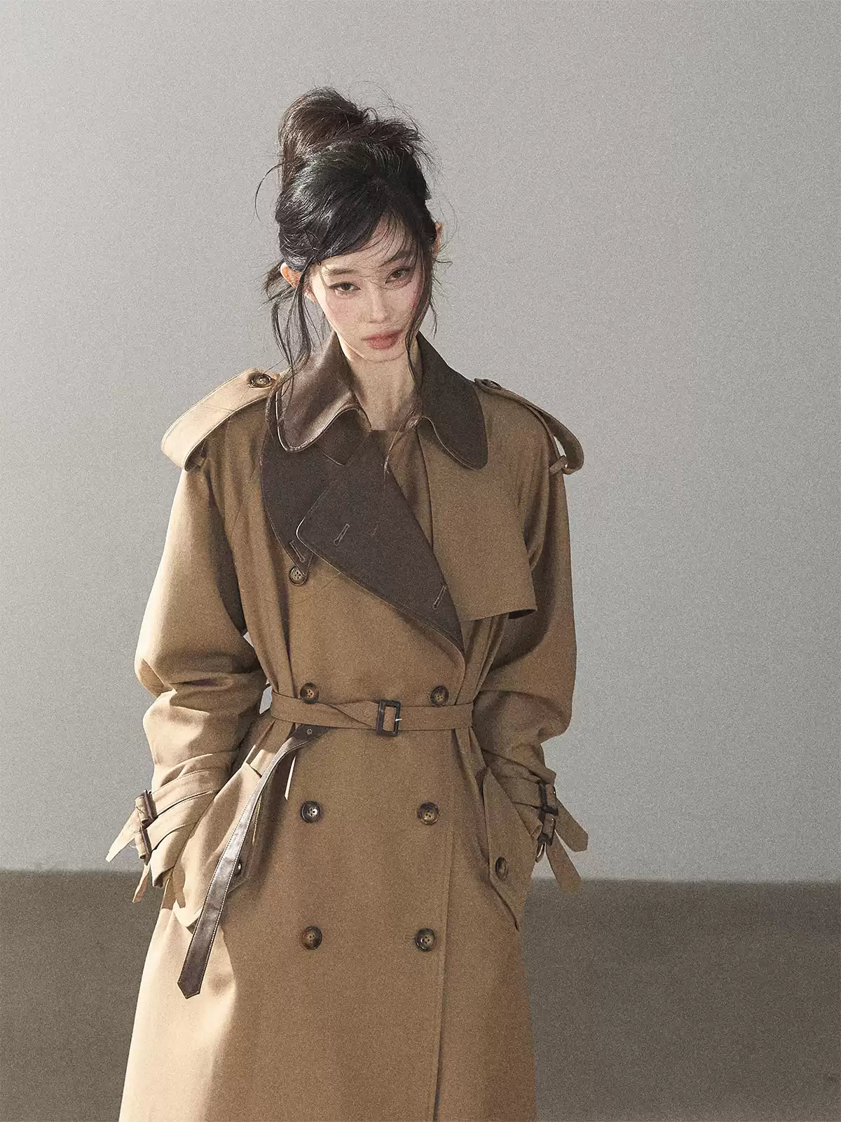 AOMALM - Chestnut Brown Long A-Line Trench Coat with Belt