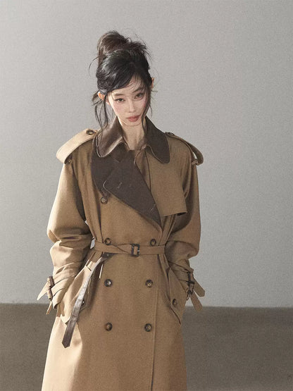 AOMALM - Chestnut Brown Long A-Line Trench Coat with Belt