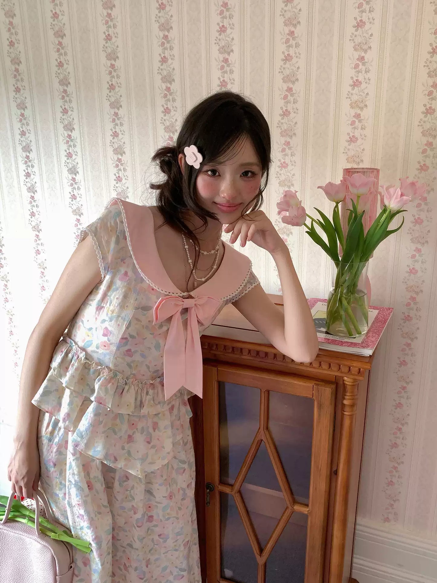 “Peach Blossom Ballad” Pink Floral Lace Maxi Dress