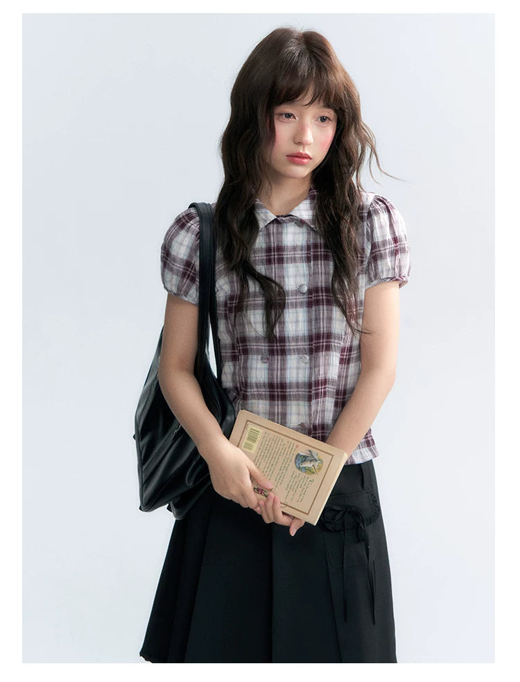 "Violet Mist Bow" Purple Brown Plaid Blouse