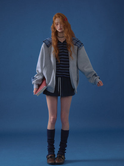 ASGONY - Plaid-Lined Oversized Hoodie Jacket (Gray)