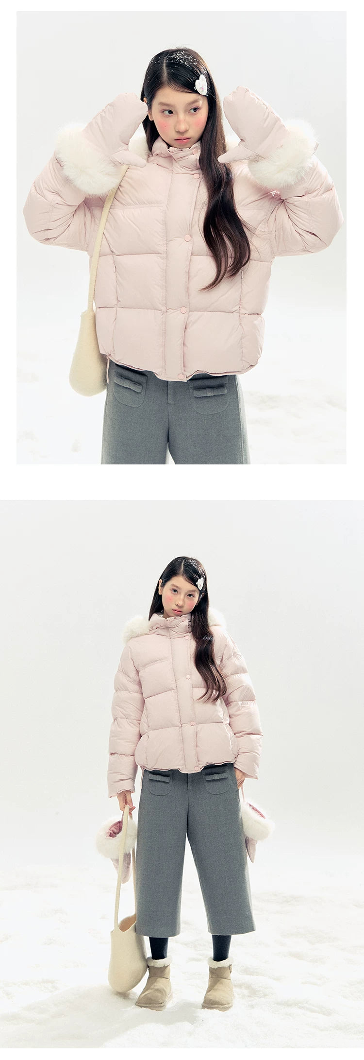 "Snowland Sprite" Peach Blush Lilac Hooded Down Jacket with Detachable Faux Fur Trim & Gloves