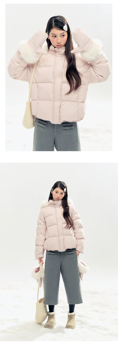 "Snowland Sprite" Peach Blush Lilac Hooded Down Jacket with Detachable Faux Fur Trim & Gloves