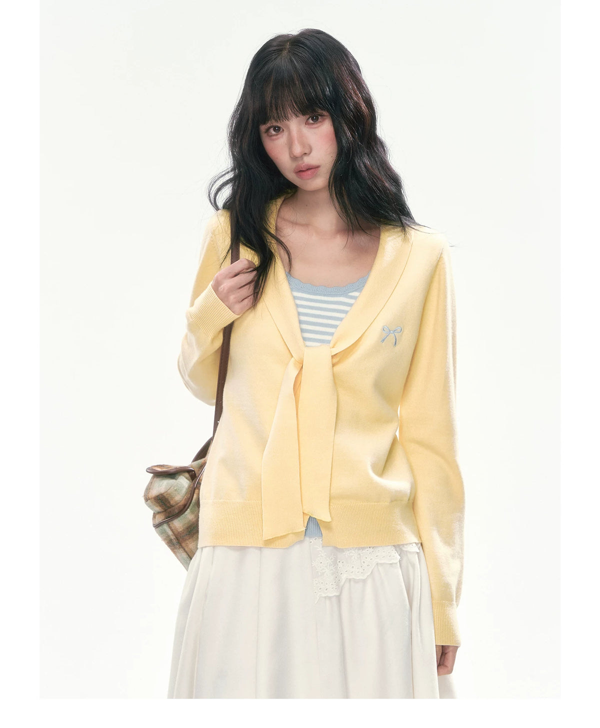 [CAN] Bow Embroidery Knit Cardigan (Blue / Yellow)