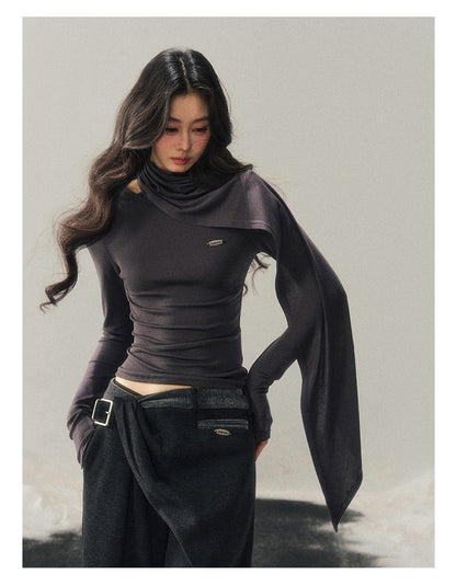 少也眼 "Essential Muse" Deep Slate Gray Cropped Long-Sleeve Knit Top