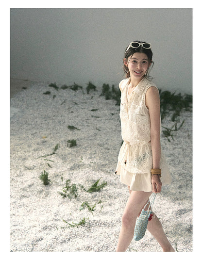 “Summer Breeze Kissing the Hem” Ivory Lace Layered Sleeveless Top