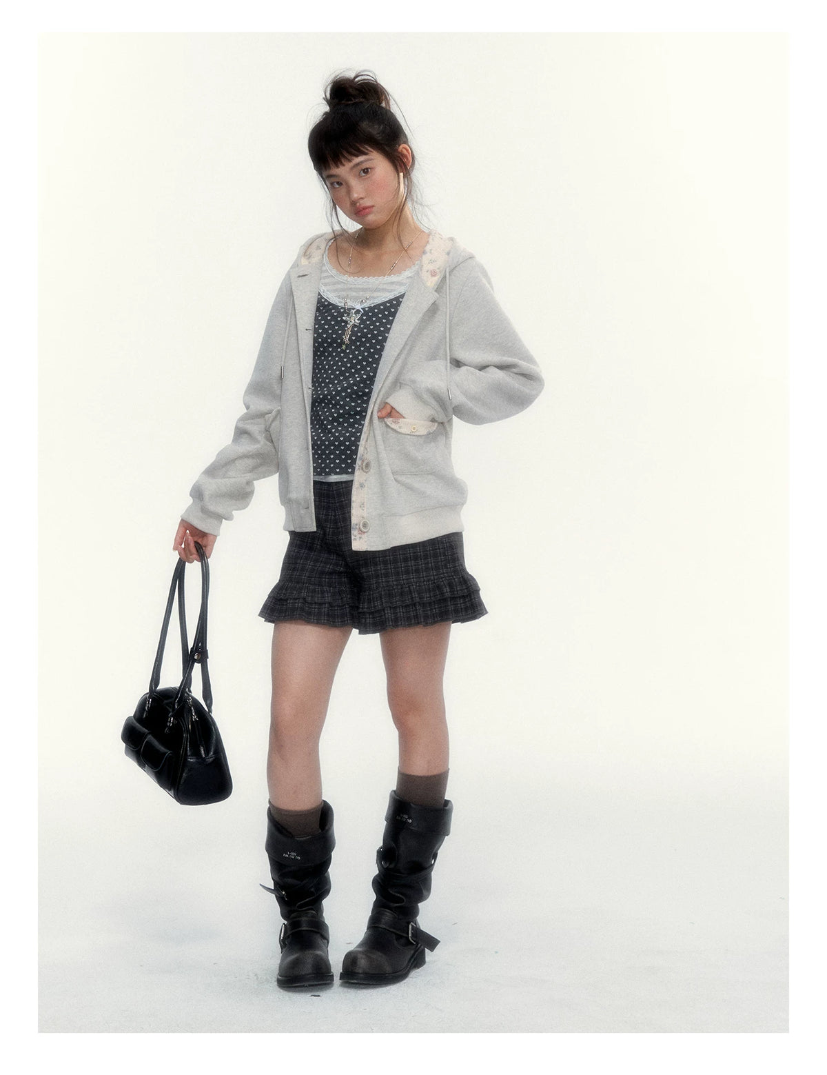 “Early Gray” Light Gray Striped Lace-Trimmed Fitted Long-Sleeve Top