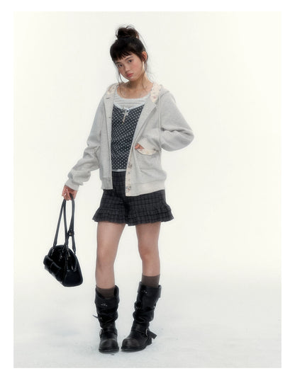 “Early Gray” Light Gray Striped Lace-Trimmed Fitted Long-Sleeve Top