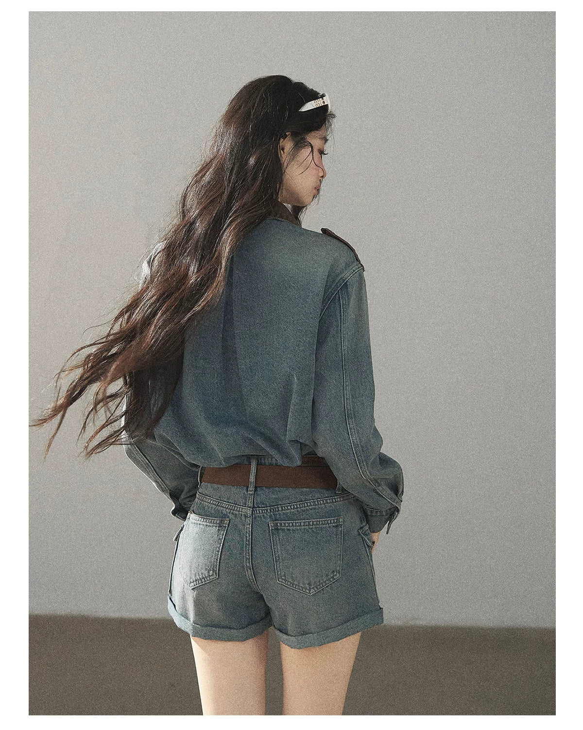 AOMALM - "Borrowed Sunshine" Vintage Blue Denim Commuter Set (Top + Shorts with Belt)