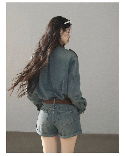 AOMALM - "Borrowed Sunshine" Vintage Blue Denim Commuter Set (Top + Shorts with Belt)