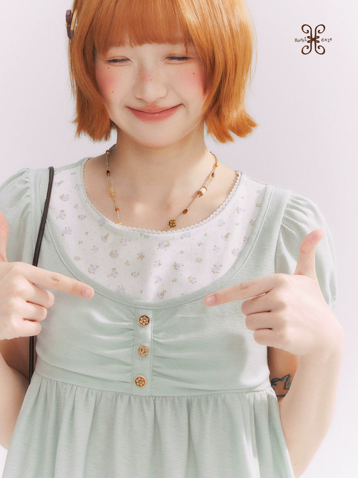 “Vintage Layered Charm” Mint Green Floral Layered Puff Sleeve T-Shirt