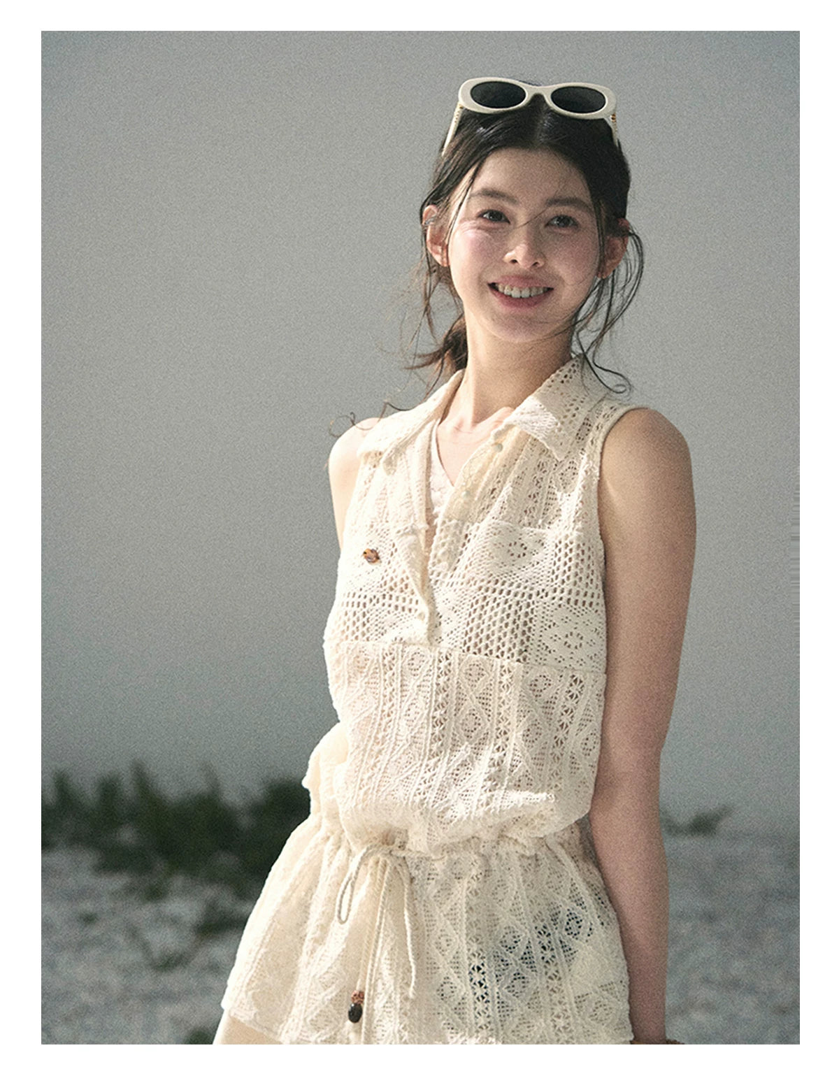“Summer Breeze Kissing the Hem” Ivory Lace Layered Sleeveless Top