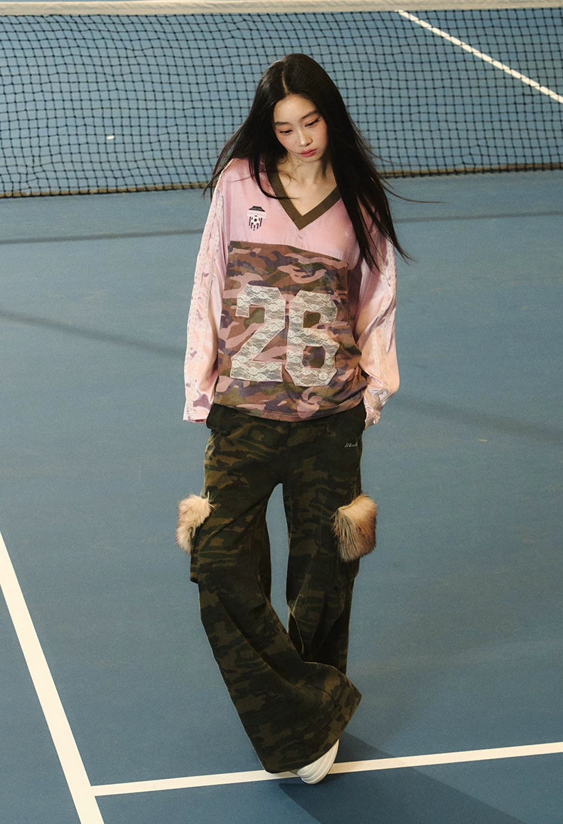 JN's DESIGN - Vintage Camo Wide-Leg Cargo Pants with Faux Fur Pockets