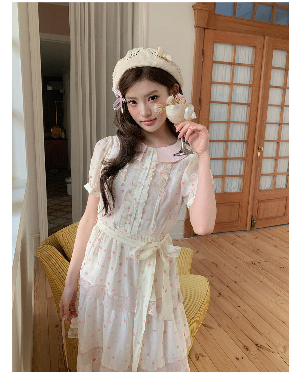 “Peach Mist Daydream” Ivory Polka Floral Cake Dress